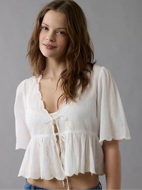 American Eagle Women's White Embroidered Tie-Front Top